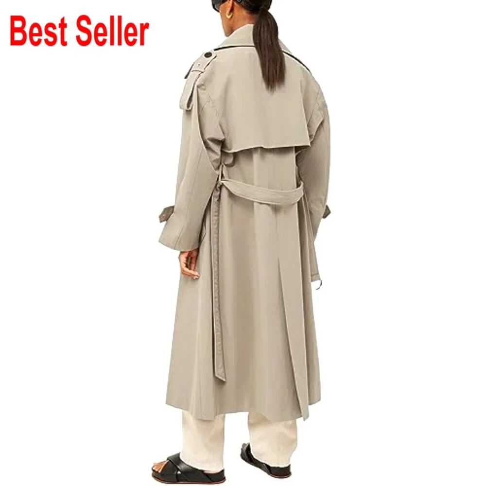 Oversized Long Trench Coat Double Breasted Lapel Windproof Overcoat with Belt - Picture 3 of 7